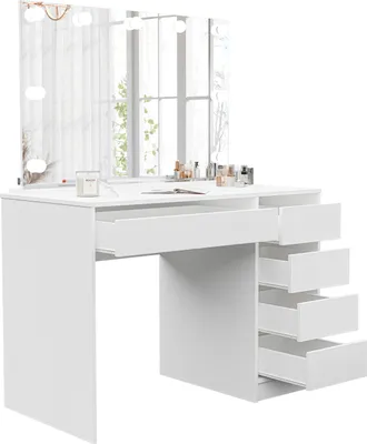 Produktbild von Idohome Schminktisch mit Spiegel, Schminkkommode modern, Frisiertisch mit Schubladen, Kosmetiktisch mit Beleuchtung, Schmuckschrank Weiß matt BELLA