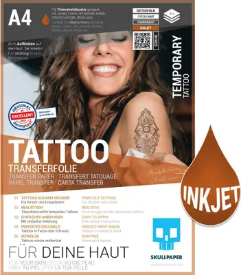 Immagine prodotto di Foglio per tatuaggi temporanei Skullpaper, formato A4, 4 fogli, per la stampa a getto d'inchiostro