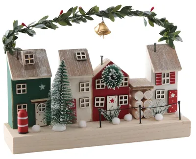 Weihnachtsdorf aus Holz, 21x14 cm, mit Häuschen, Kranz und Tannenbaum