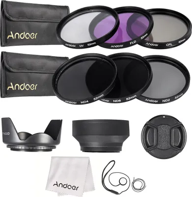 Zdjęcie produktu dla Zestaw filtrów do obiektywów Andoer 52 mm UV + CPL + FLD + ND (ND2 ND4 ND8) z torbą transportową / zaślepkami obiektywu / uchwytem zaślepki obiektywu / tulipanem i gumowymi osłonami obiektywu / ściereczką do czyszczenia