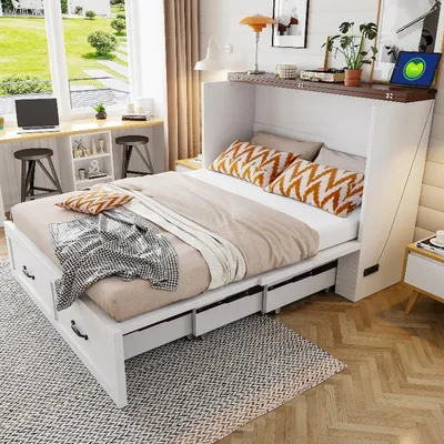 Obrázek produktu pro Skládací postel 140x200 s výsuvným lamelovým roštem a úložným prostorem, zásuvka typu EU, kovový rám a tiché kolečka, bílá barva, vhodná do pokojů pro hosty a menších prostor