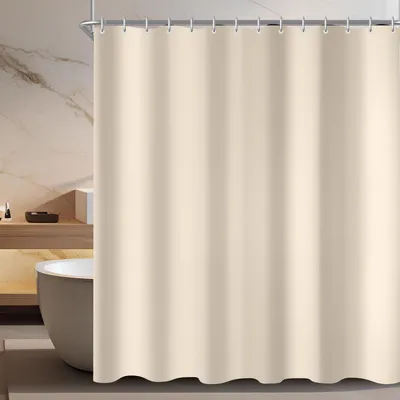 Productafbeelding van Douchegordijn, 180 x 200 cm, beige, met verzwaard voetstuk, schimmelwerend, waterafstotend en wasbaar polyesterweefsel, geschikt voor badkamers en badkuipen, inclusief 12 douchegordijnringen