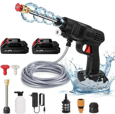 Immagine prodotto di Idropulitrice a batteria, 21 V, 50 bar, con 2 batterie, tubo flessibile per l'acqua da 5 a 10 metri. Ideale per il lavaggio auto