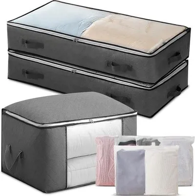 Produktbild von Unyqoos® Unterbett-Aufbewahrungsboxen 3er-Set 90 L – große faltbare Kleider-Organizer mit Deckel & PVC-Sichtfenster, inkl. 6 Reißverschluss-Beutel