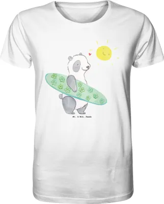 Produktbild von Mr. & Mrs. Panda Tshirt Panda Surfen Größe M - Weiß - Geschenk, Wellenreiten, T-Shirt Herren, Jersey-Shirt, Printshirt, Bio-T-Shirt, Surfschule