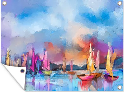 Produktbild von MuchoWow® 40x30 cm Outdoor-Poster Gartendeko Sichtschutz Garten Poster für den Garten  Malerei - Boote - Wasser