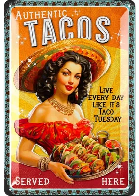 Immagine prodotto di LANOLU Insegna di latta retrò TACOS Served Here, American Diner Deco, insegne di latta per barbecue e cucina, regalo per hamburger, deco USA, 20x30cm