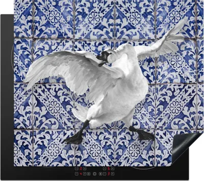Produktbild von KitchenYeah© Herdabdeckplatte Schwan - Kunst - Delfter Blau - Malerei - Alte Meister , 59x52cm, Küche Deko, Glaskeramikkochfeld Herdabdeckung, Abdeckplatte fùr Kochfeld