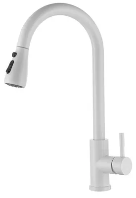 Image de Robinet de cuisine blanc, extractible, rotatif à 360°, avec 2 types de jets, en acier inoxydable