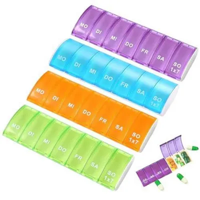 Immagine prodotto di Contenitore per compresse, 7 giorni, 4 scomparti, in plastica, colorato, 13,5 x 5,2 cm