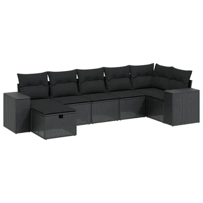 Image de vidaXL Ensemble de salon de jardin 7 pièces avec coussins noir poly rotin