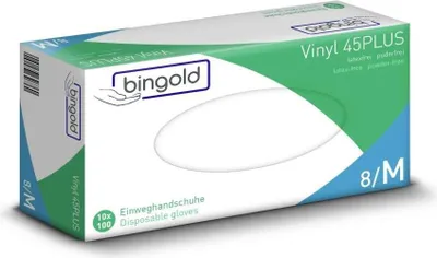 Produktbild von Bingold Vinyl 45Plus Einweghandschuhe - transparent - 100 Stück Größe: S
