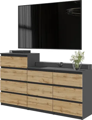 Image de FURNICA - GABRIEL - Commode / Sideboard avec 10 tiroirs (6+4) - Gris anthracite / Chêne Wotan H92/70cm L160cm P33cm