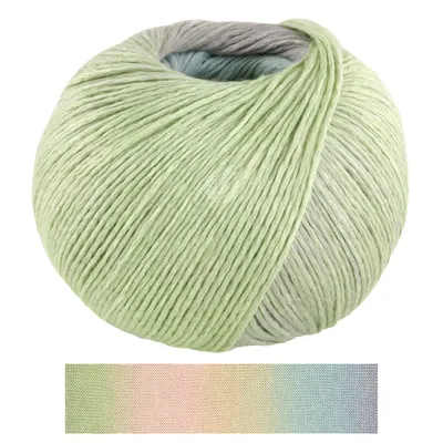 A ball of yarn with a gradient of pastel colors.
