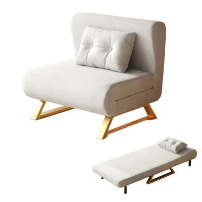 A convertible sofa bed is shown in its sofa form and its bed form.