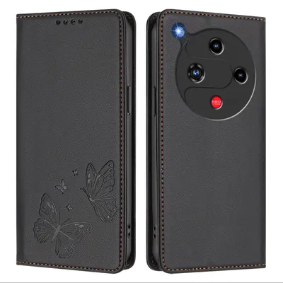 Immagine prodotto di Custodia in pelle per ZTE Nubia Focus 2, con motivo a farfalla, custodia a portafoglio con supporto, nera