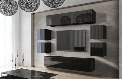 Produktbild von Furnitech Wohnwand Wohnzimmer - Wohnzimmer Möbel mit LED Blau - Hängend Wohnwand Modern - Regale und TV Schrank (Future C42/HG/B/1 1B)