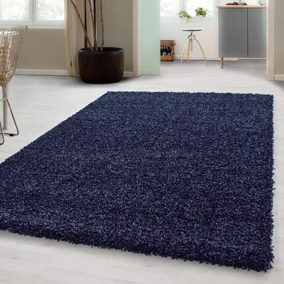 A dark blue shaggy rug is laid out on a light-colored floor in a room with furniture and plants.