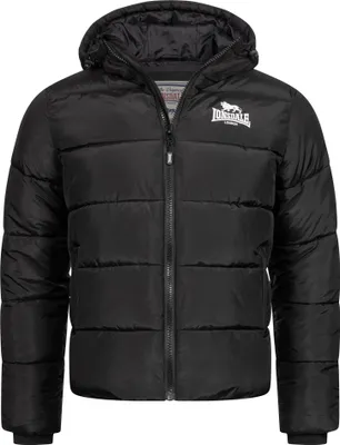 A black puffer jacket with a hood is shown front-on against a white background.