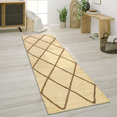 Produktbild von Teppich Wohnzimmer Jute Naturfaser Handgearbeitet Modernes Skandi 3D Muster Grösse 80x250 cm