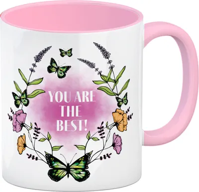 Produktbild von Kaffeebecher Rosa mit motivierenden Worten und Blumenrahmen mit Schmetterlingen