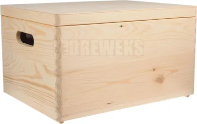 A wooden storage box with a lid and handles.