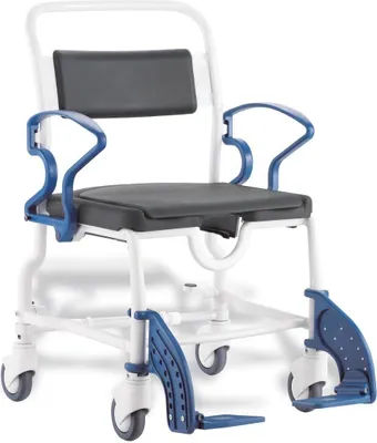 Produktbild von FabaCare Dusch- Toilettenrollstuhl Dallas XXL, bis 200 kg, Germany, Premium Toilettenstuhl, Duschstuhl fahrbar, Rollstuhl mit WC Eimer, Grau-Blau, Grau-Blau