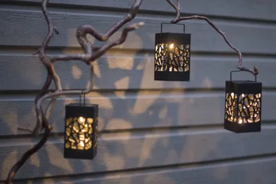 Three decorative solar lanterns hang from a tree branch against a grey wooden wall.