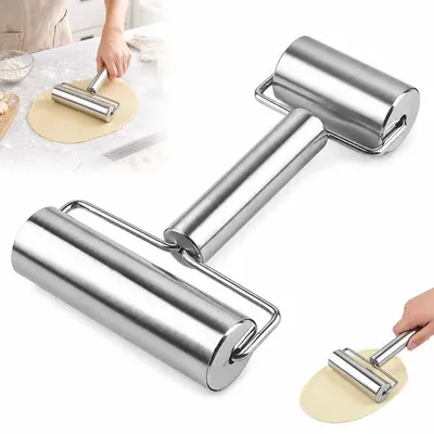 Produktbild von Doppel‑Teigroller aus Edelstahl, Teigwalze zum Ausrollen von Teig für Teigtaschen, Nudeln und Pasta, Küchenhelfer für Haushalt & Backen