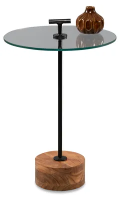 Runder Beistelltisch, Glas/Metall, Akazienholz-Sockel, 40x56x40 cm