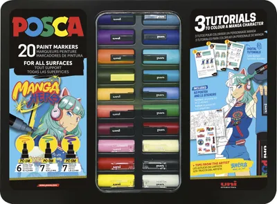 Produktbild von POSCA 186833 Marker Set Manga Hero, 20 Acrylstifte inkl. Tutorials, Poster und S