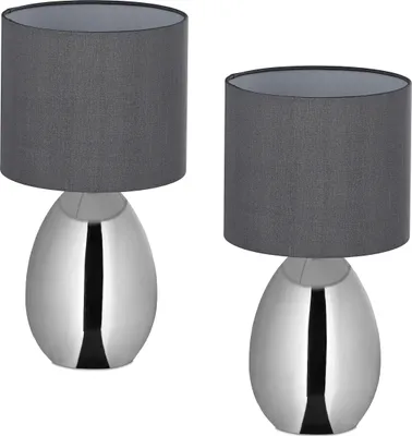 Produktbild von Relaxdays Nachttischlampe, 2er Set, mit Schalter, Fensterlampe, 3 Stufen, E14, Tischlampe, HD: 33,5x18 cm, silber/grau