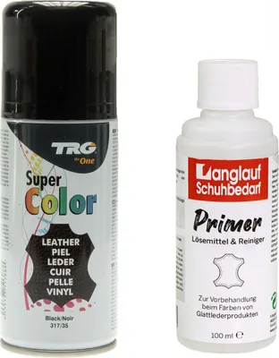 Produktbild von TRG Lederfarbspray 150ml Dose + Primer Lederreiniger 100ml - Color Spray, Farbspray Schnelltrocknend, Abriebfest - zum Färben aller Glattleder und Kunstleder schwarz 317/35