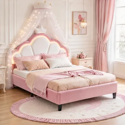 Imagen del producto de Cama infantil INONEFT, con estructura acolchada, de 90x200 cm, diseño de princesa con luces LED, cama juvenil para niñas con cabecero ajustable, diseño de corona, color rosa terciopelo