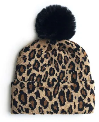 Produktbild von Strickmütze Damen Leopard Print mit Bommel Khaki One Size