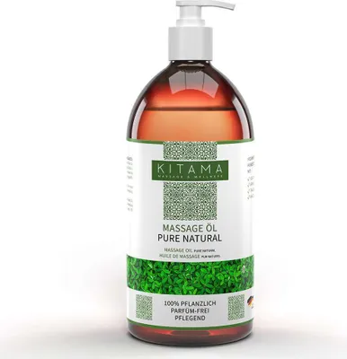 Produktbild von Kitama Massageöl Pure Natural 1-Liter - 100% natürlich mit Jojobaöl Aprikosenkernöl Traubenkernöl Mandelöl - parfüm-frei (duftneutral) Pflegeöl