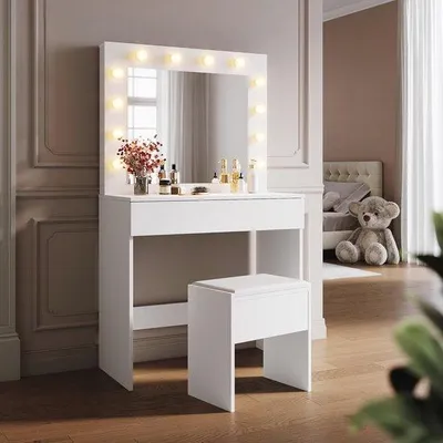 Produktbild von Make-up-Tisch mit LED-Beleuchtung und HD-Spiegel - LED-Makeup-Tisch mit 3 Farben und 10 stufenbarer Helligkeit, 80 x 40 x 140 cm