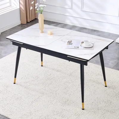 Zdjęcie produktu dla Rozkładany stół jadalny, 140-200 cm, blat ceramiczny, biały, imitujący marmur, nowoczesny stół funkcyjny z metalową podstawą, czarny i złoty, stół kuchenny dla 4-8 osób