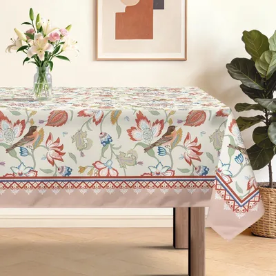 Immagine prodotto di Tovaglia primaverile ed estiva, motivo floreale, giardino, uccelli, 152x264 cm, rosa, rettangolare