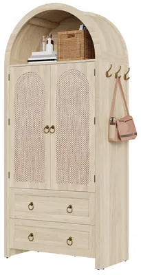 Produktbild von Sideboard im Korbgeflecht-Bogenstil, Doppelschubladen, Vintage-Sideboard für Wohn- und Schlafzimmer, Aufbewahrungsschrank