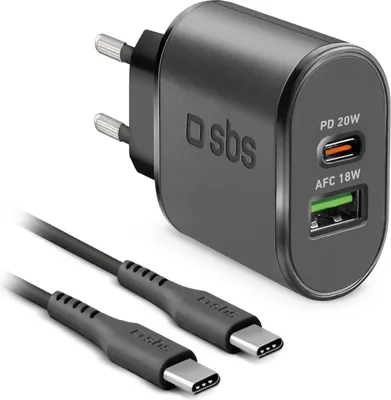 Produktbild von Wall Charger Kit 18W, 2,1A, Schnellladegerät mit USB-C Kabel, USB-C auf USB-C, USB-A, 1,5 m, Schwarz
