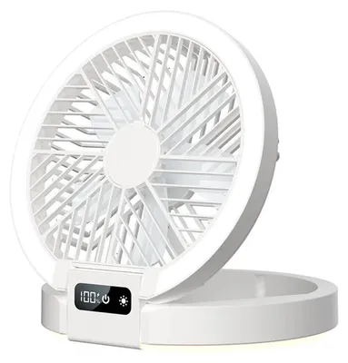 Image de Ventilateur USB portable - Ventilateur de table pliable - 5 vitesses - Silencieux - Veilleuse LED - Batterie lithium rechargeable - Pour la maison et le camping - Blanc