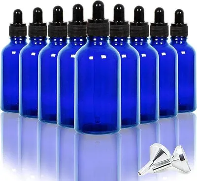 Immagine prodotto di 12 flaconi in vetro da 60 ml con contagocce - Flaconi contagocce da farmacia - Oli essenziali - Mini imbuti - Colore blu