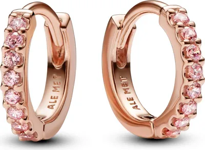 A pair of rose gold hoop earrings with pink stones.