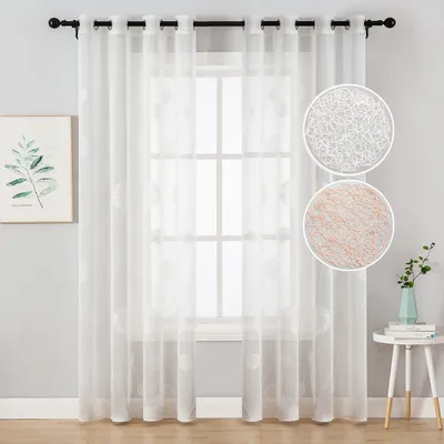 Immagine prodotto di Set da 2 tende: tende in voile trasparente ricamate con occhielli e sciarpa decorativa per soggiorno e camera da letto, bianco, L140xA260 cm