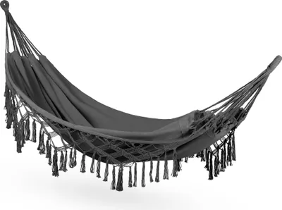 Produktbild von Outtec® Hängematte XXL - 200x150 cm, bis 200kg - Boho Baumwoll Hammock für Outdoor, Garten, Balkon - für Kinder und Erwachsene - Schwarz