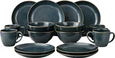 Produktbild von Mica Decorations Racco Geschirrset für 4 Personen – Frühstücksteller, Schüssel, Kaffeebecher und Speiseteller – Teller Set Steingut Geschirr – Spülmaschinenfestes Geschirrset - Dunkelgrau
