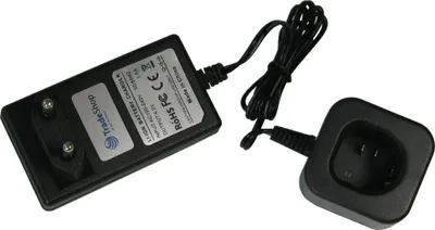 A black battery charger and charging dock are shown on a white background.