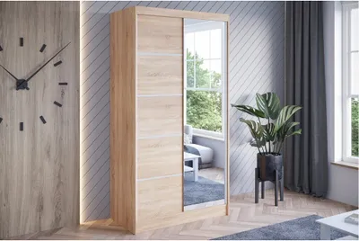 Produktbild von Easy4You N3 100 cm Sonoma Schiebetüren Kleiderschrank 100x200x58 cm mit Spiegel - Schlafzimmermöbel, Aufbewahrung - Mehrzweckschrank