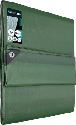 A folded green tarp with a label showing product details.